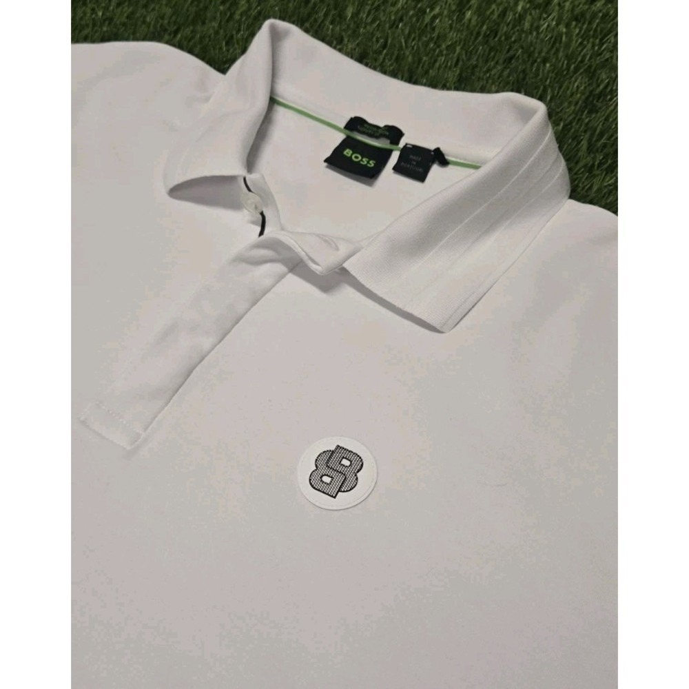 BOSS HUGO BOSS White Polo Shirt Men's XL Luxury Cotton Circular Logo Patch EUC